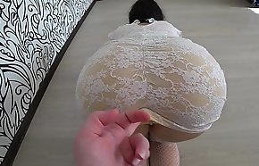 A girlfriend with a strapon fucked a out of this world lesbian close to a white dress, a shaking juicy aggravation POV 