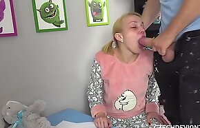 Blonde in baby clothes receives jammed